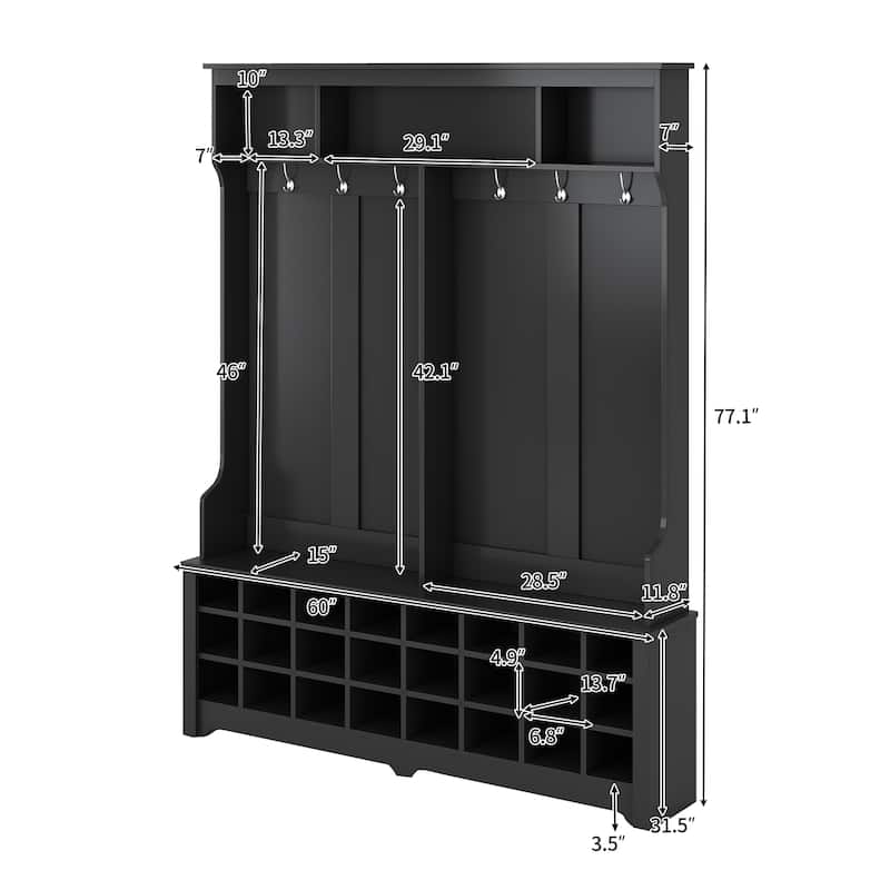 Modern Hallway Coat Rack with Metal Black Hooks, Entryway Bench 60